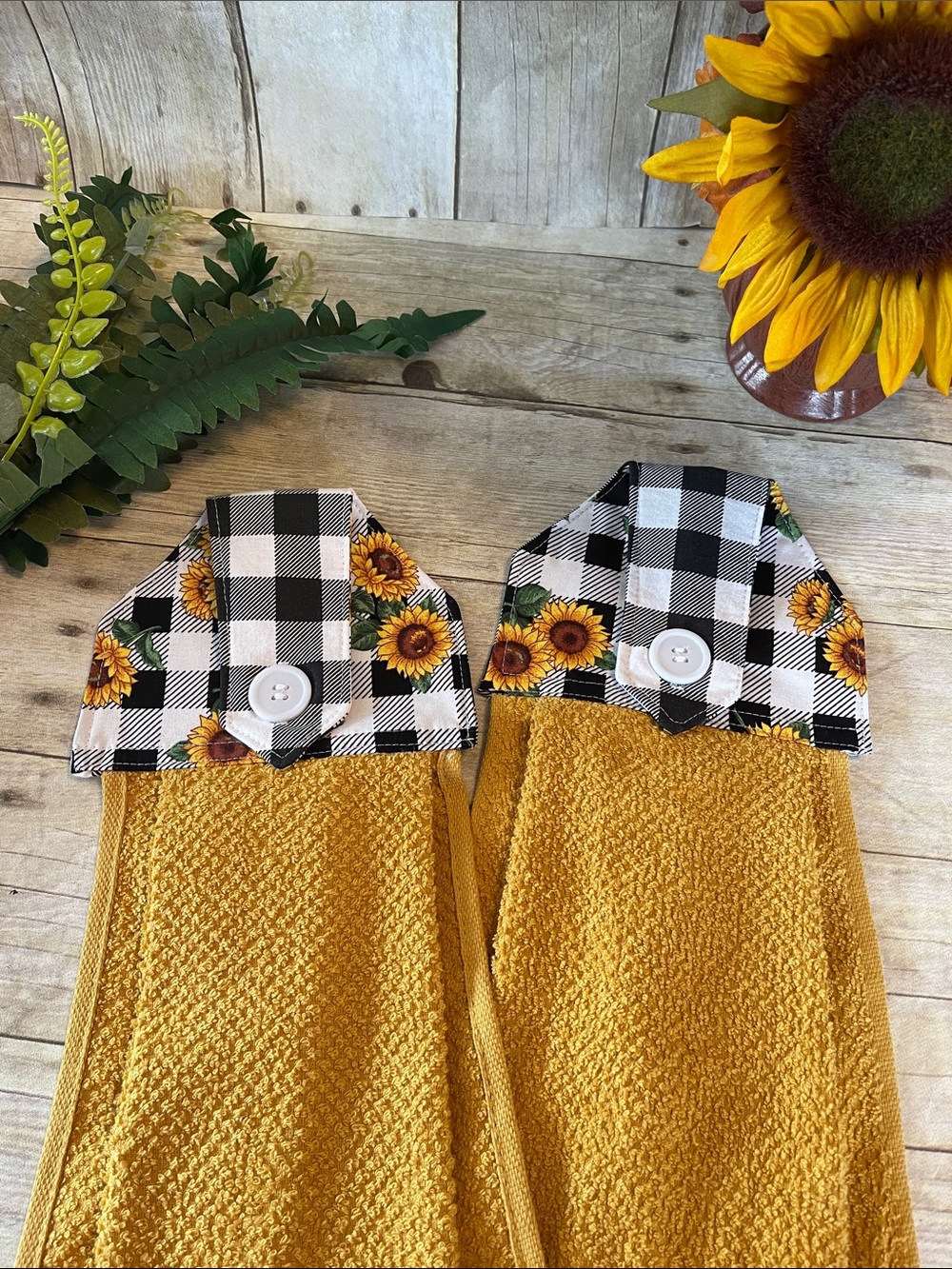 Sunflower Buffalo Check Button-Top Sewn Kitchen Hanging Towels Set of Two